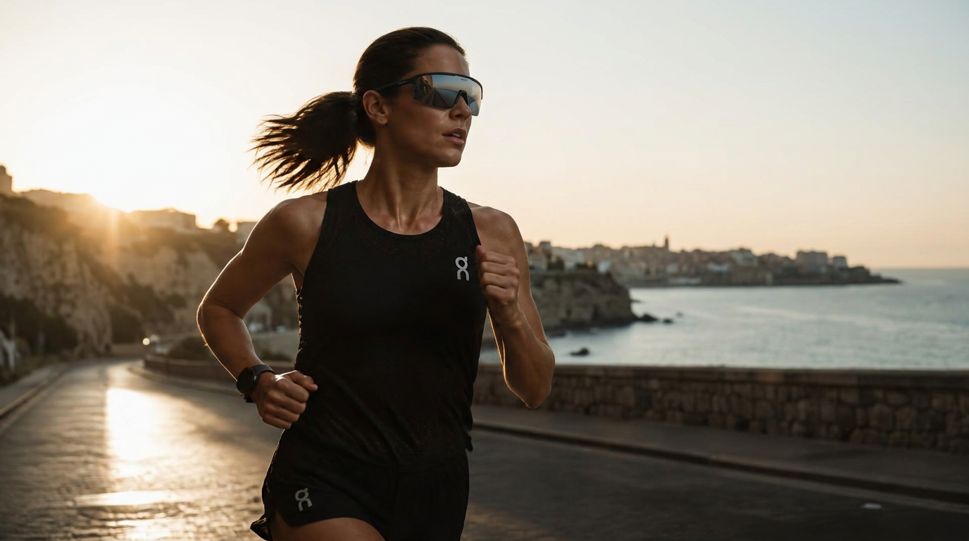 Runner in full stride at sunrise on a European coastal road wearing Velluto Ritmo running sunglasses