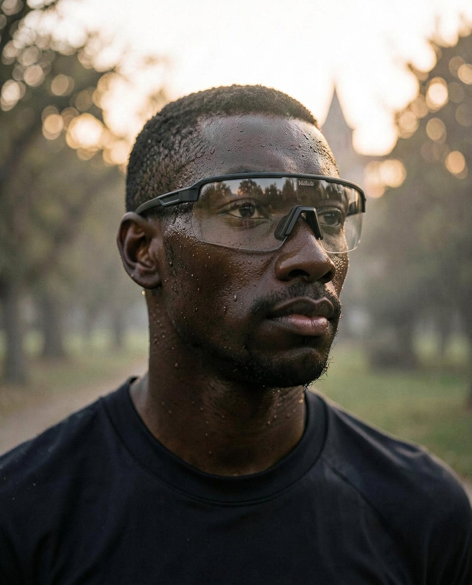 Runner at dawn on a quiet European boulevard wearing Velluto running sunglasses with clear lens