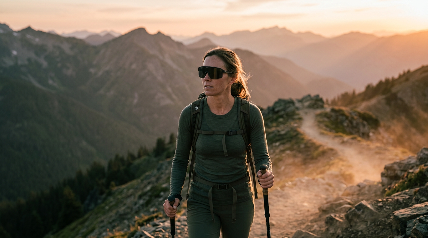 Hiker on an alpine ridge at golden hour wearing Velluto Ritmo sunglasses