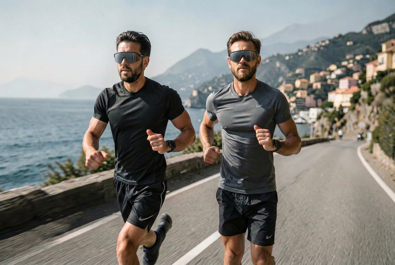 Two runners on a quiet Tuscan road at golden hour wearing Velluto running sunglasses