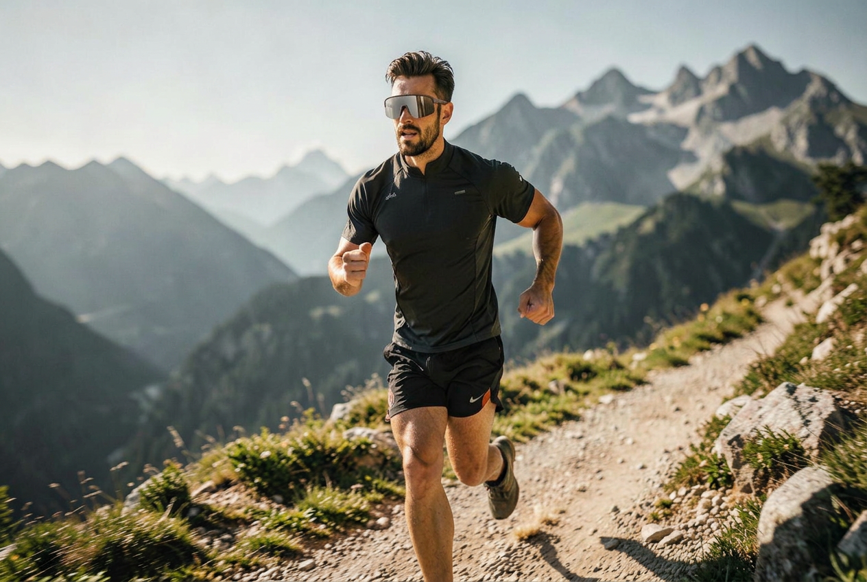 Trail runner on a rocky mountain path wearing Velluto Ritmo running sunglasses